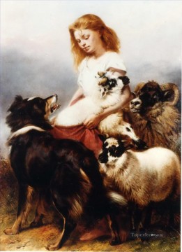 Herd Lassie bergeresse et chien Peinture à l'huile